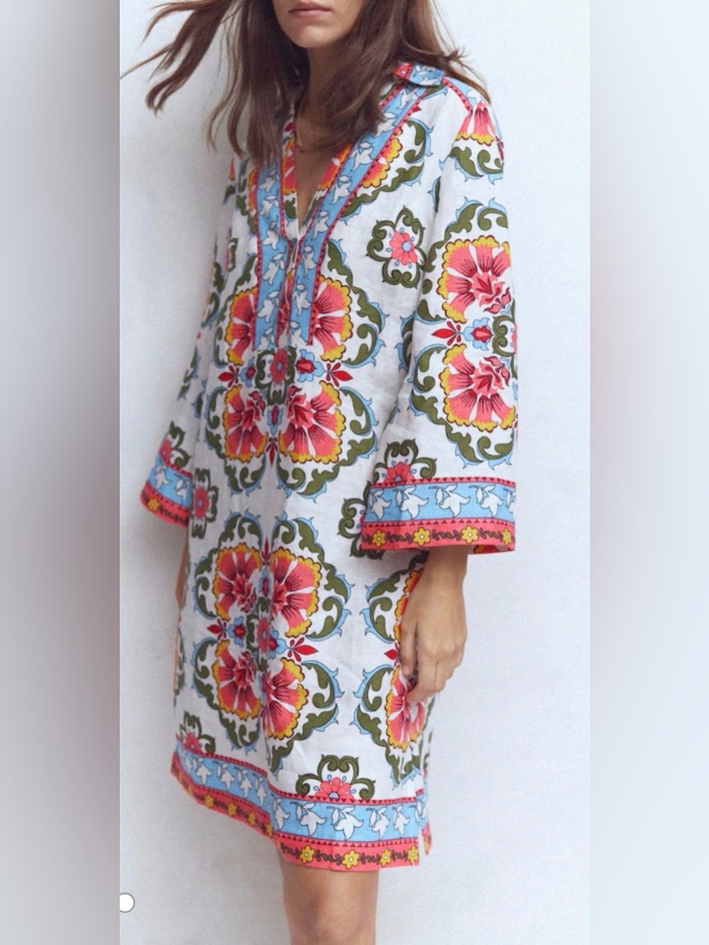 Boden White Floral Tunic Dress with Pink and Blue Accents
